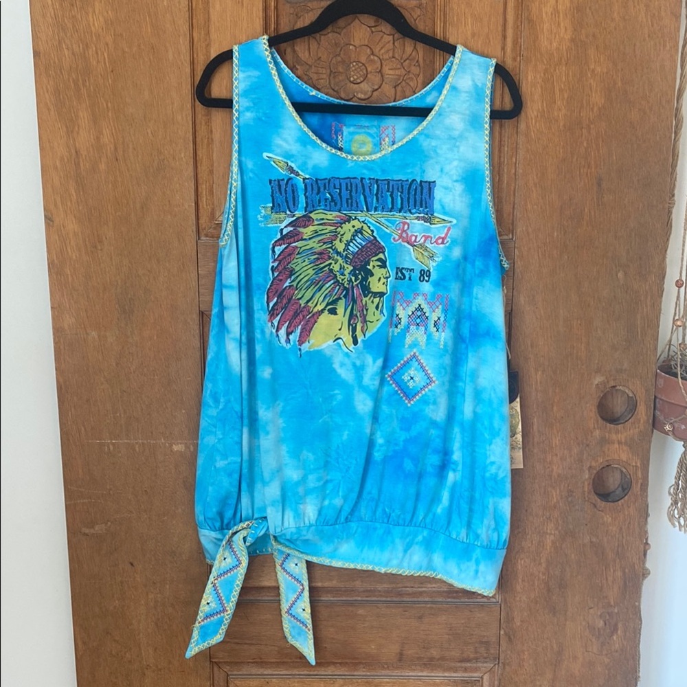 NWTs Double D Ranch tank No Reservation blue tie dye side tie XL $139